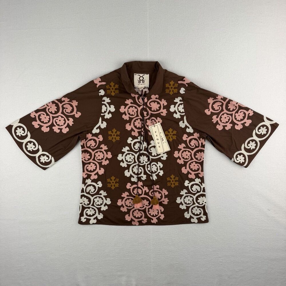NWT Figue Lina Top Dark Brown Embroidered Women’s Large Blouse $395